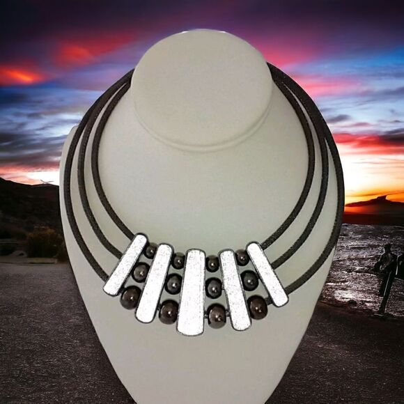 Modernist Punk Fringe Bib Necklace Set NWT Goth Gunmetal Mesh Metal Beads Collar - Picture 1 of 14